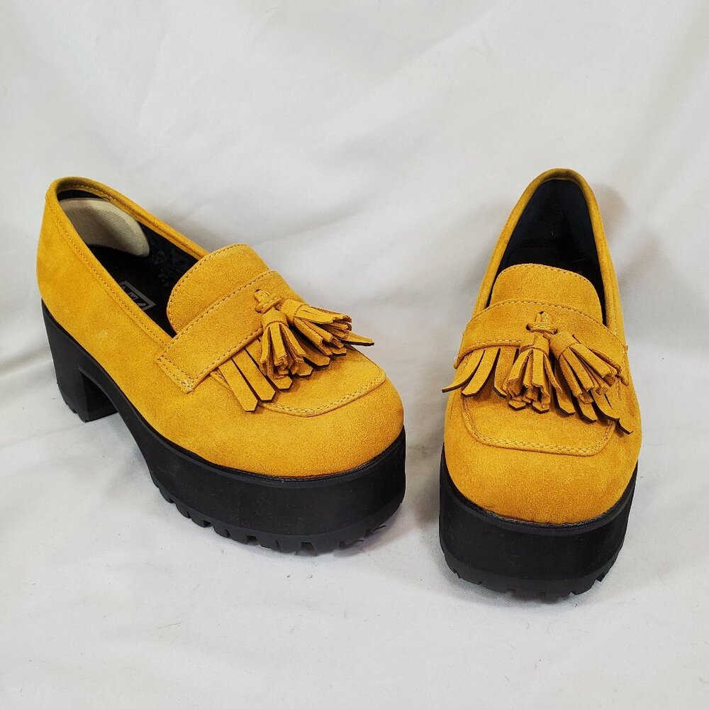 T.U.K. Mustard Faux Suede Fringe Loafer Platform TUK yellow